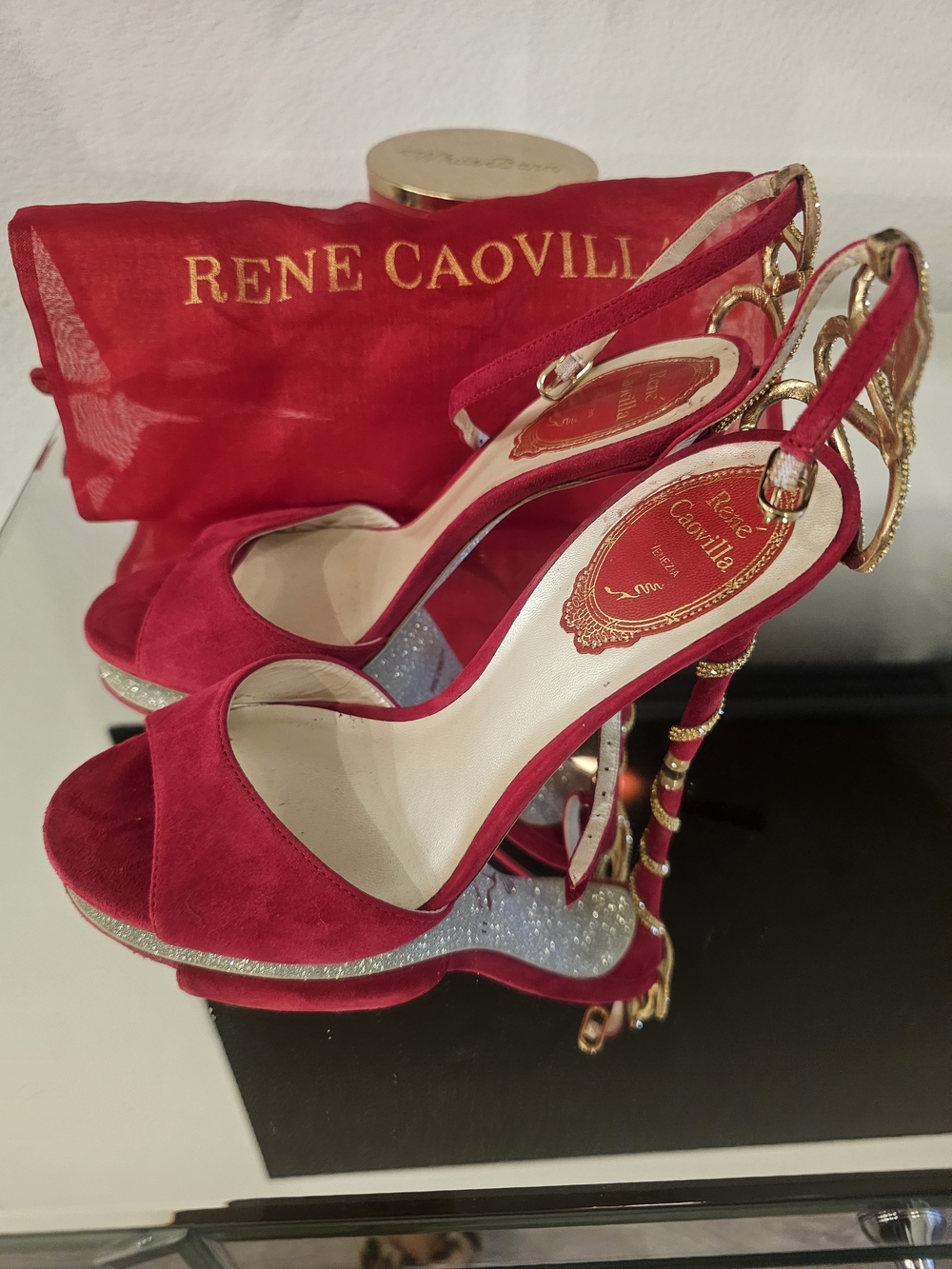 Rene Caovilla Red Suede Open-Toe Slingback Heels with Jeweled Sculpted Heel